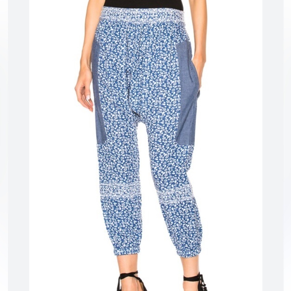 Ulla Johnson Suki Blue Floral Print Chambray High Waist Cropped Harem Pants 2